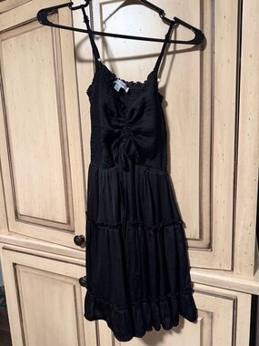 She and Sky Black Tiered Midi Dress with Tie Front